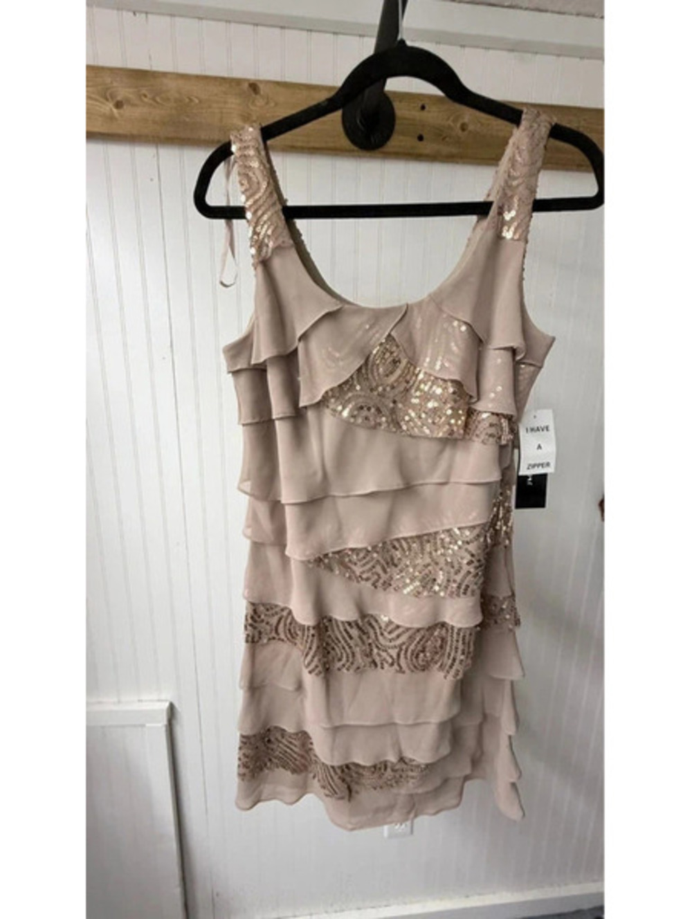 S.L. Fashions Jewel Scoop Neck Tiered Dress size 10 new champagne party holiday